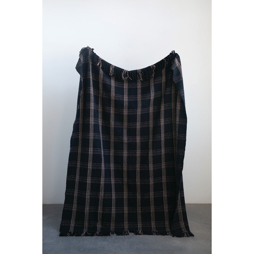 Woven Cotton Blend Throw Blanket with Fringe, Black &amp; Tan Plaid