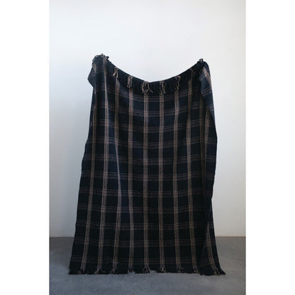 Woven Cotton Blend Throw Blanket with Fringe, Black &amp; Tan Plaid
