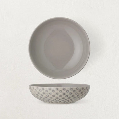 Stoneware Bowl with Grey Hand-Stamped Pattern