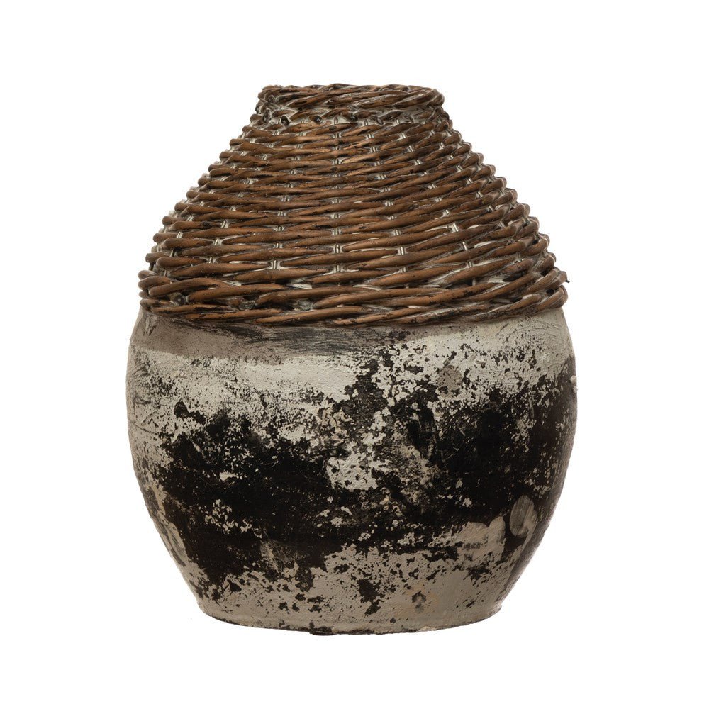 Hand-Woven Rattan &amp; Clay Vase, Distressed