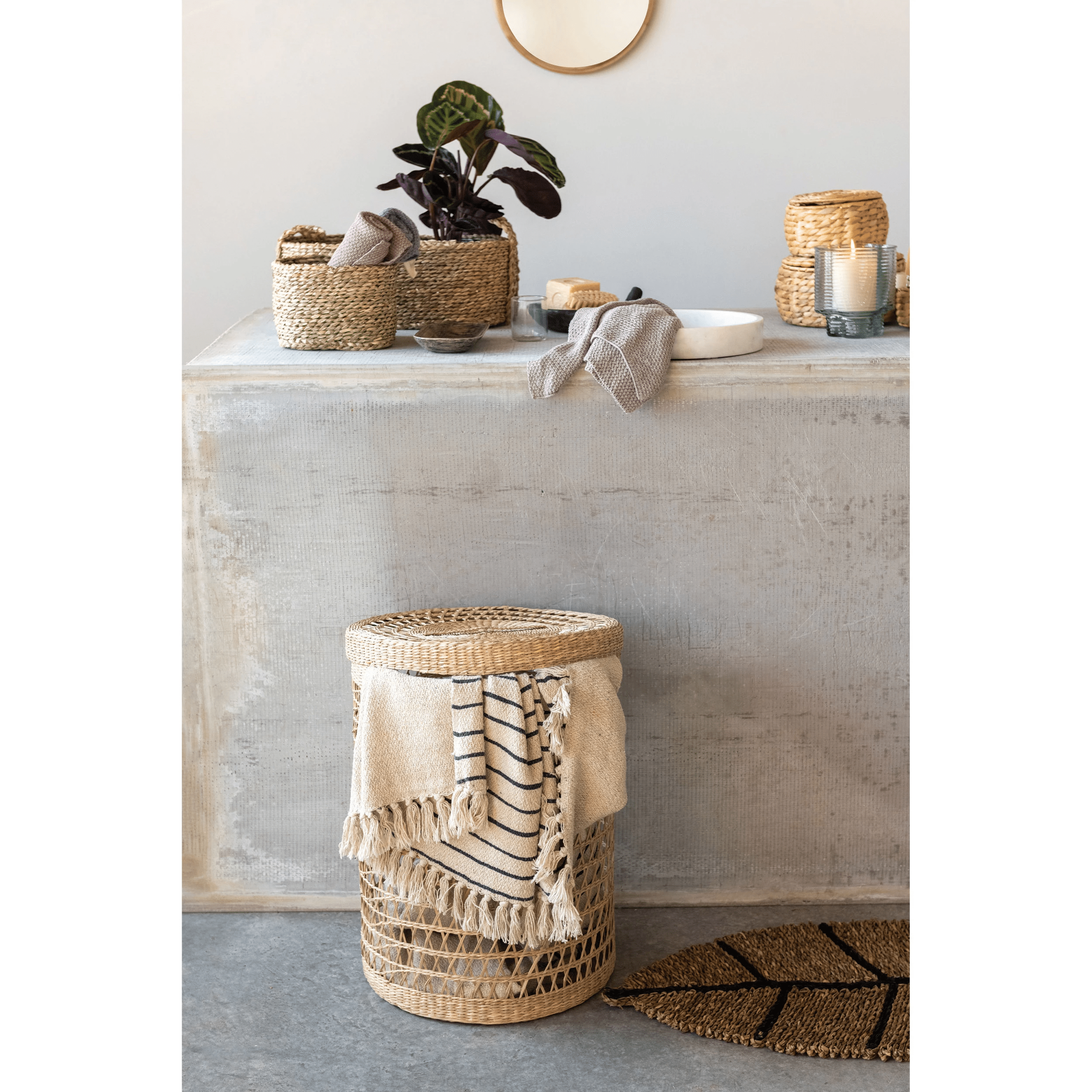 Natural Water Hyacinth Storage Baskets with Lids - Set of 3