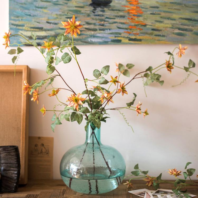 Faux Silk Artificial German Clematis Flower Stem in Orange - 40"