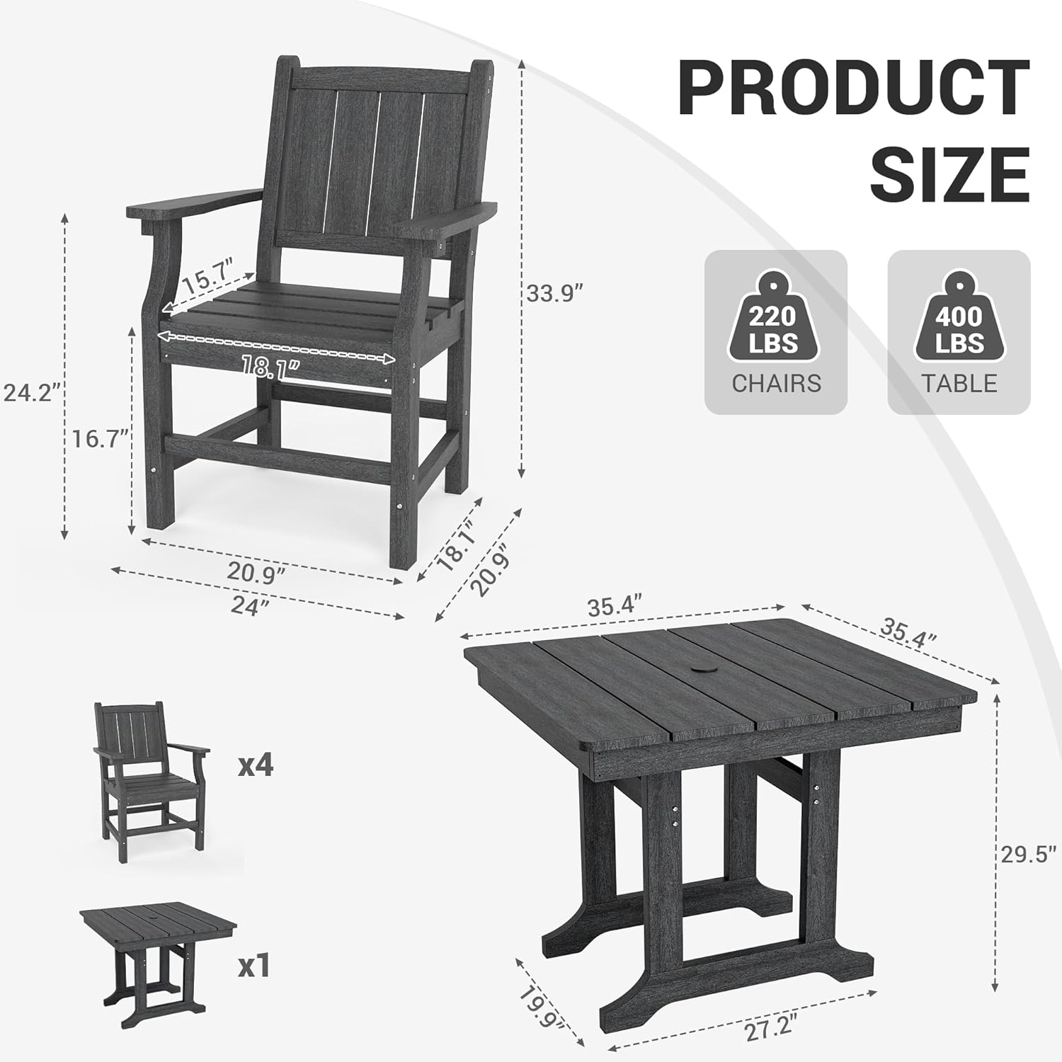 7-Piece HDPE Outdoor Dining Table and Chairs with Umbrella Hole - Multiple Sizes, 2 Colors