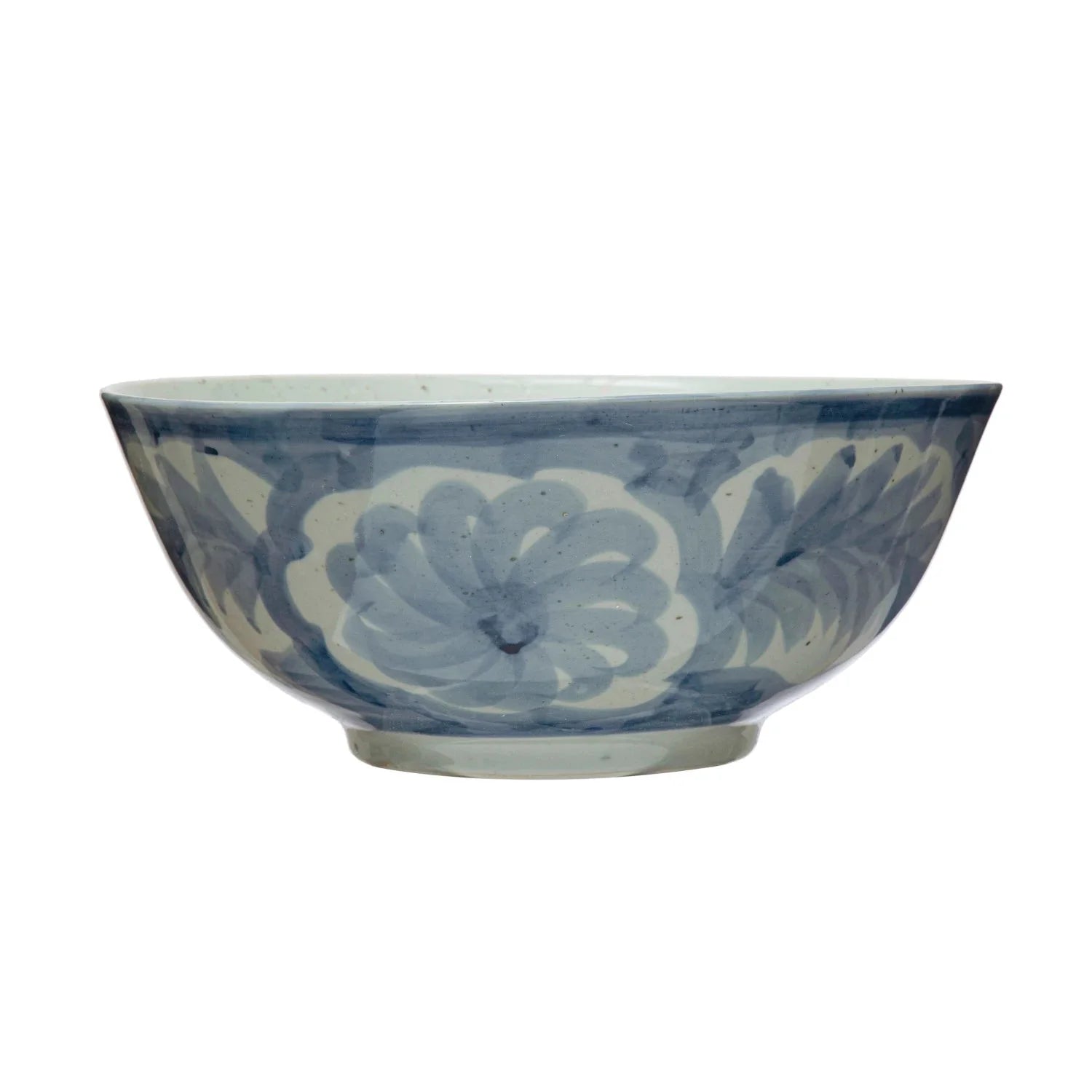 Hand-Painted Blue &amp; White Stoneware Bowl – Floral Design