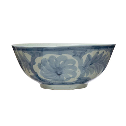 Hand-Painted Blue &amp; White Stoneware Bowl – Floral Design