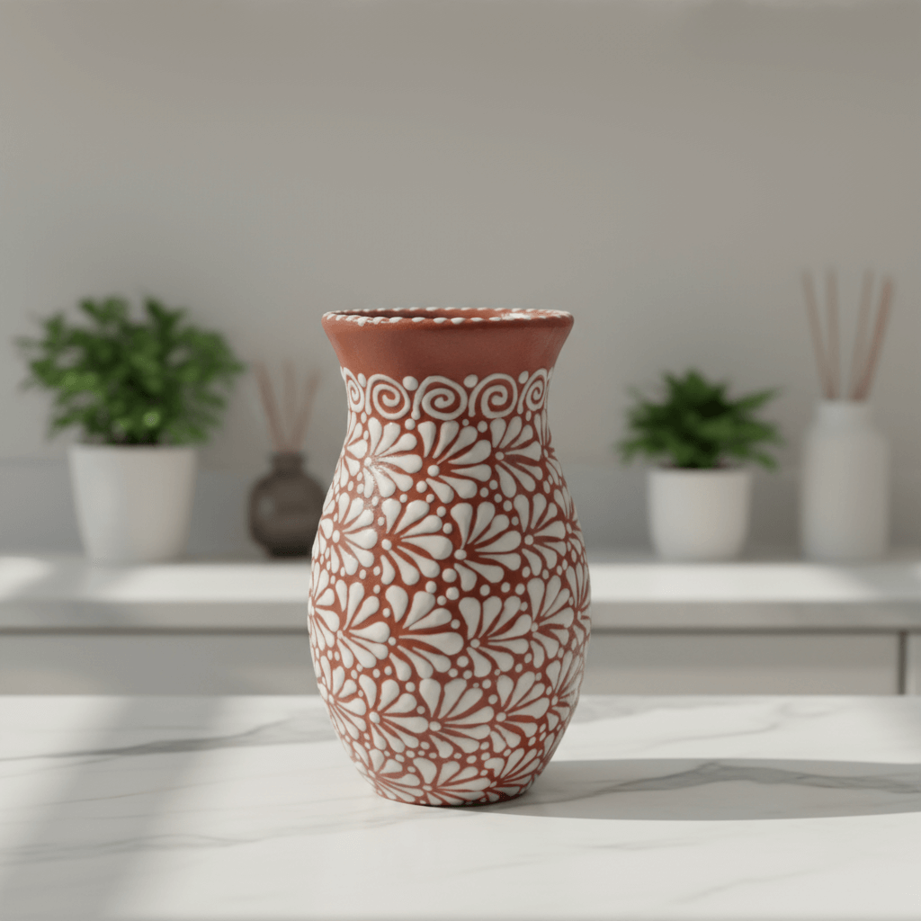 Handcrafted Talavera Vase | Brown &amp; White Relief Pottery