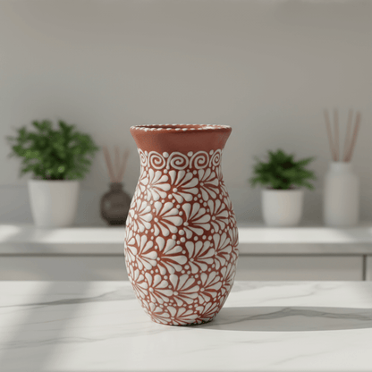 Handcrafted Talavera Vase | Brown &amp; White Relief Pottery