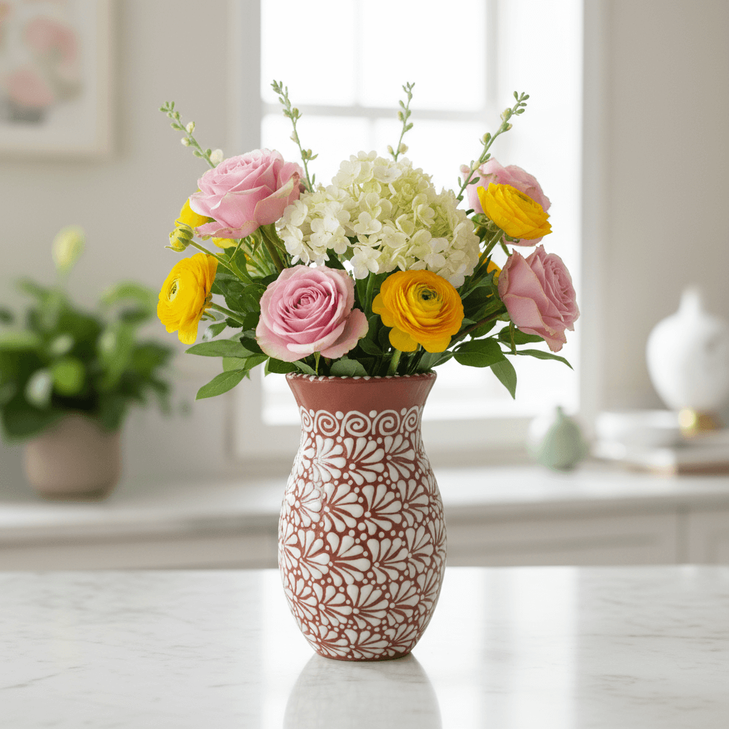 Handcrafted Talavera Vase | Brown &amp; White Relief Pottery
