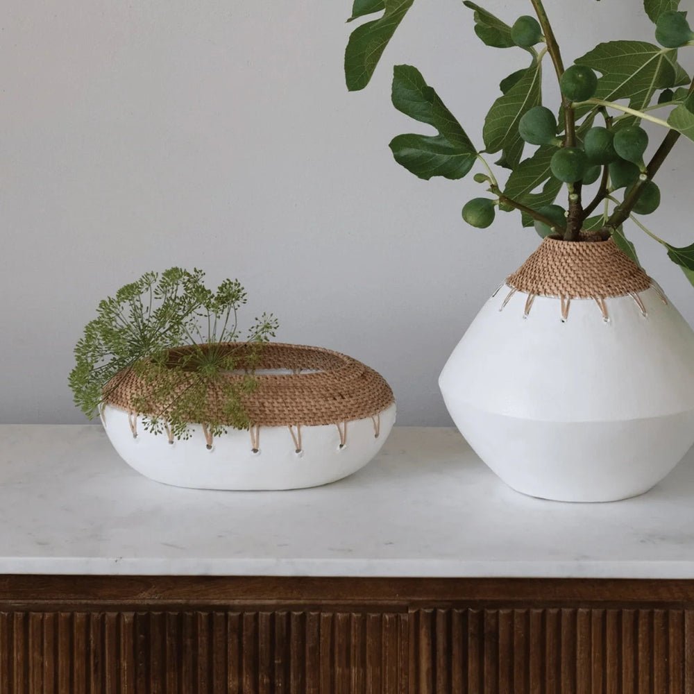 Benton Terracotta Planter with Handwoven Rattan Stitching