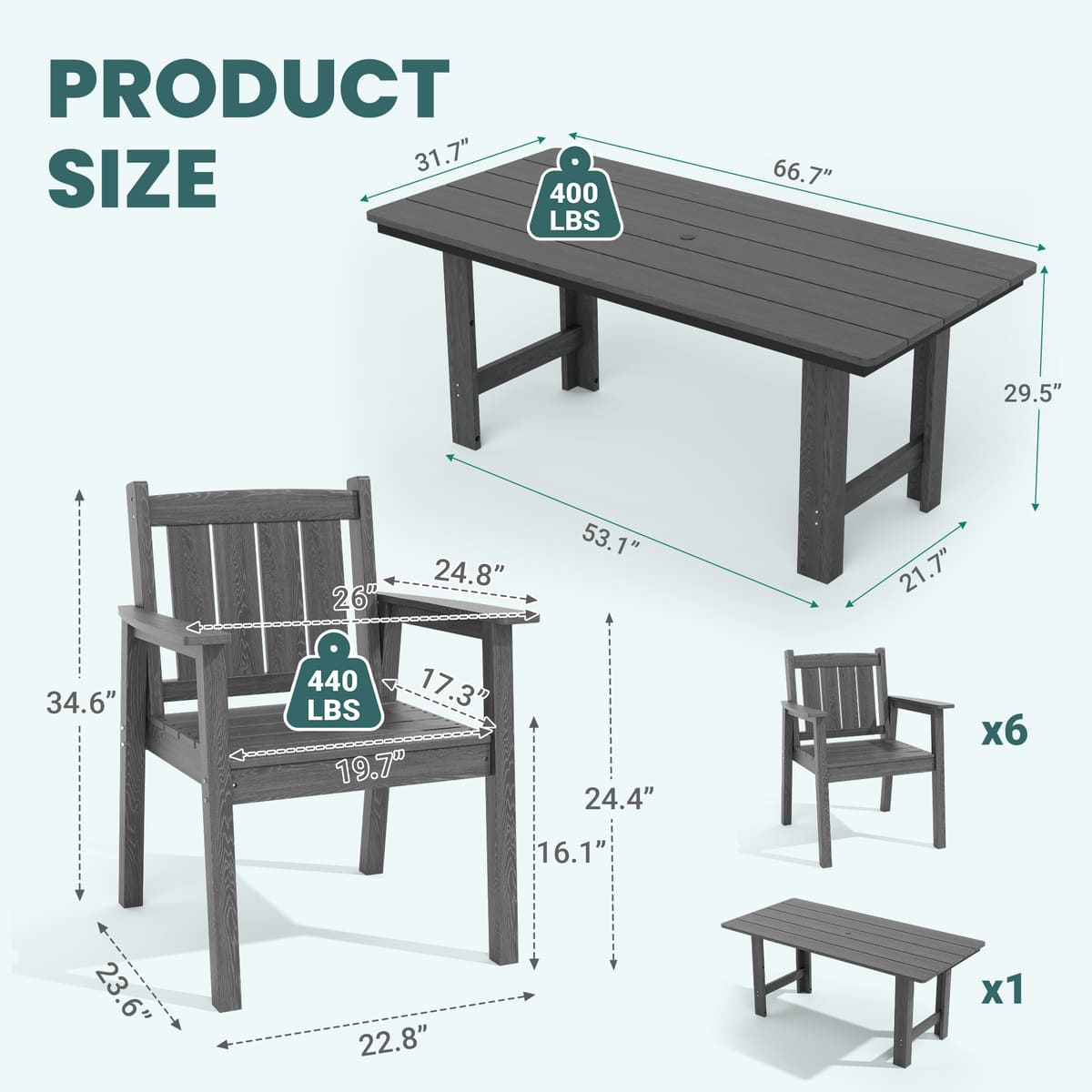 7-Piece HDPE Outdoor Dining Table and Chairs with Umbrella Hole - Multiple Sizes, 2 Colors