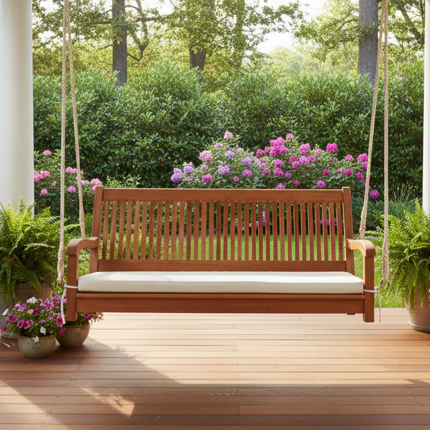 2-Person Hanging Porch Swing Wood Bench with Cushion Curved Back