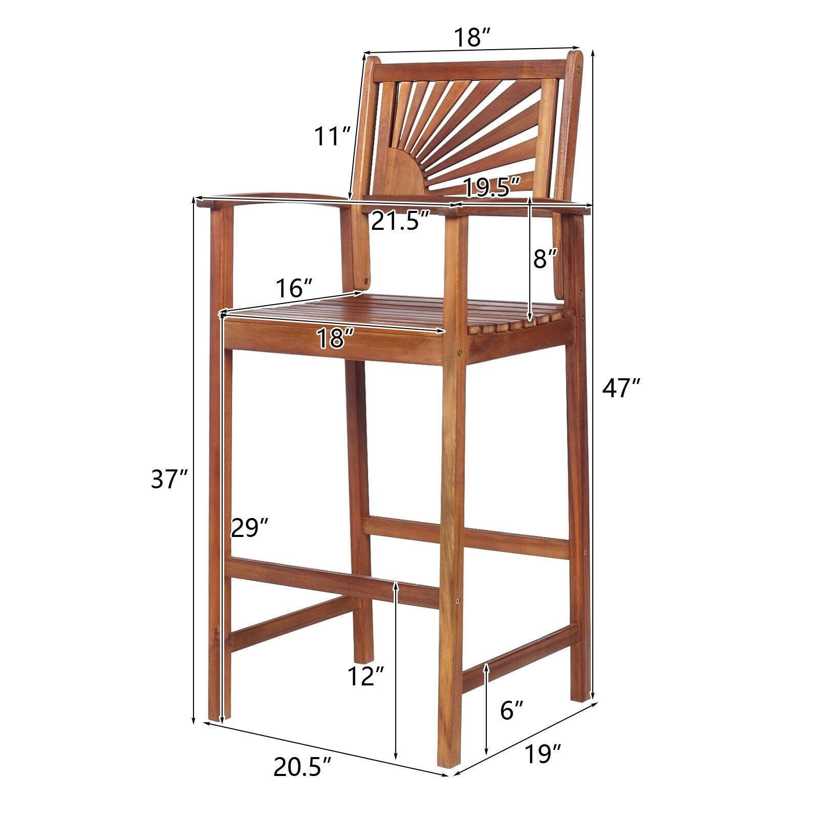 Set of 2 Outdoor Acacia Wood Sunray Bar Chairs