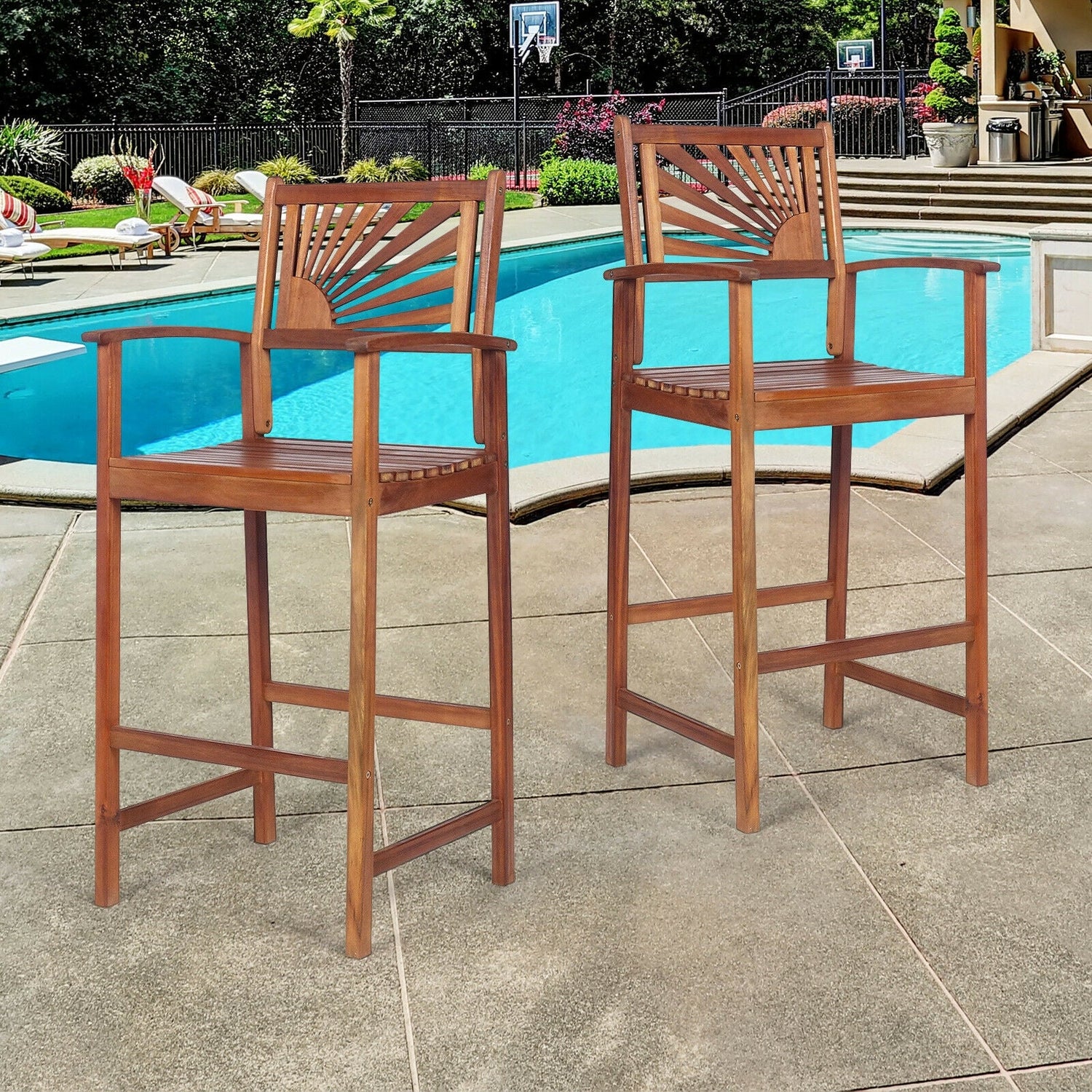Set of 2 Outdoor Acacia Wood Sunray Bar Chairs