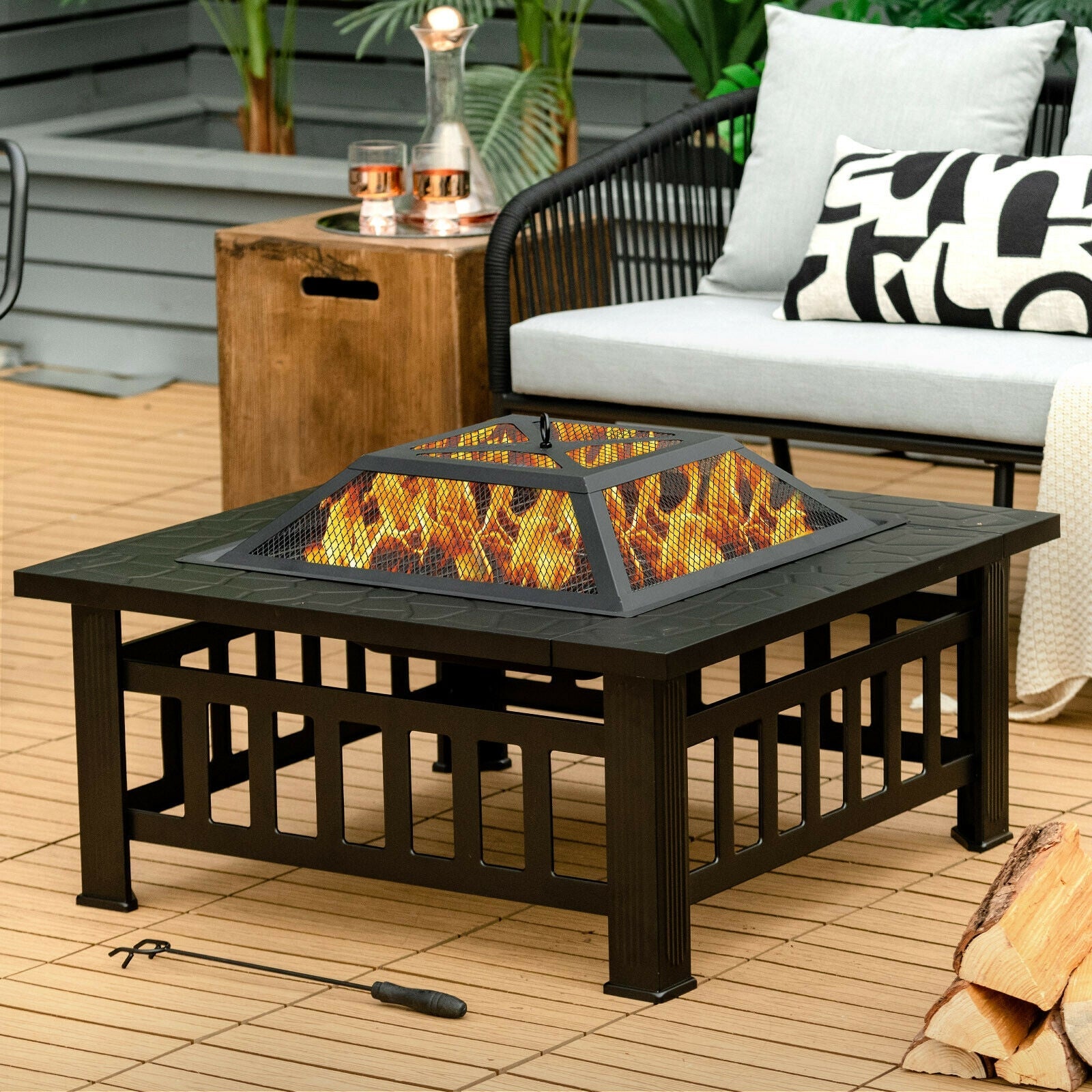 32 Inch Outdoor Square Fire Pit Table with BBQ Grill and Rain Cover