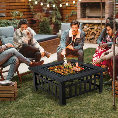 32 Inch Outdoor Square Fire Pit Table with BBQ Grill and Rain Cover