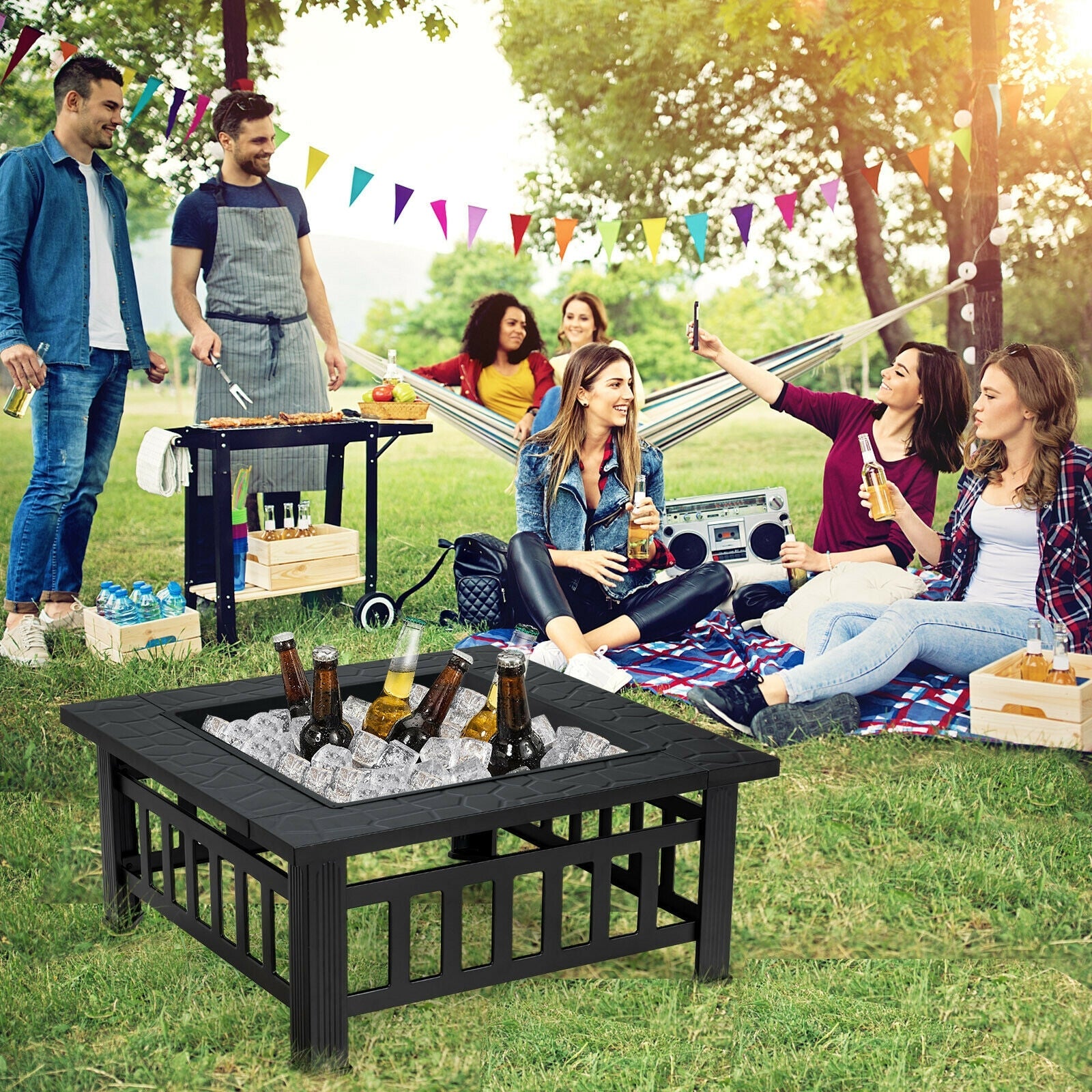 32 Inch Outdoor Square Fire Pit Table with BBQ Grill and Rain Cover