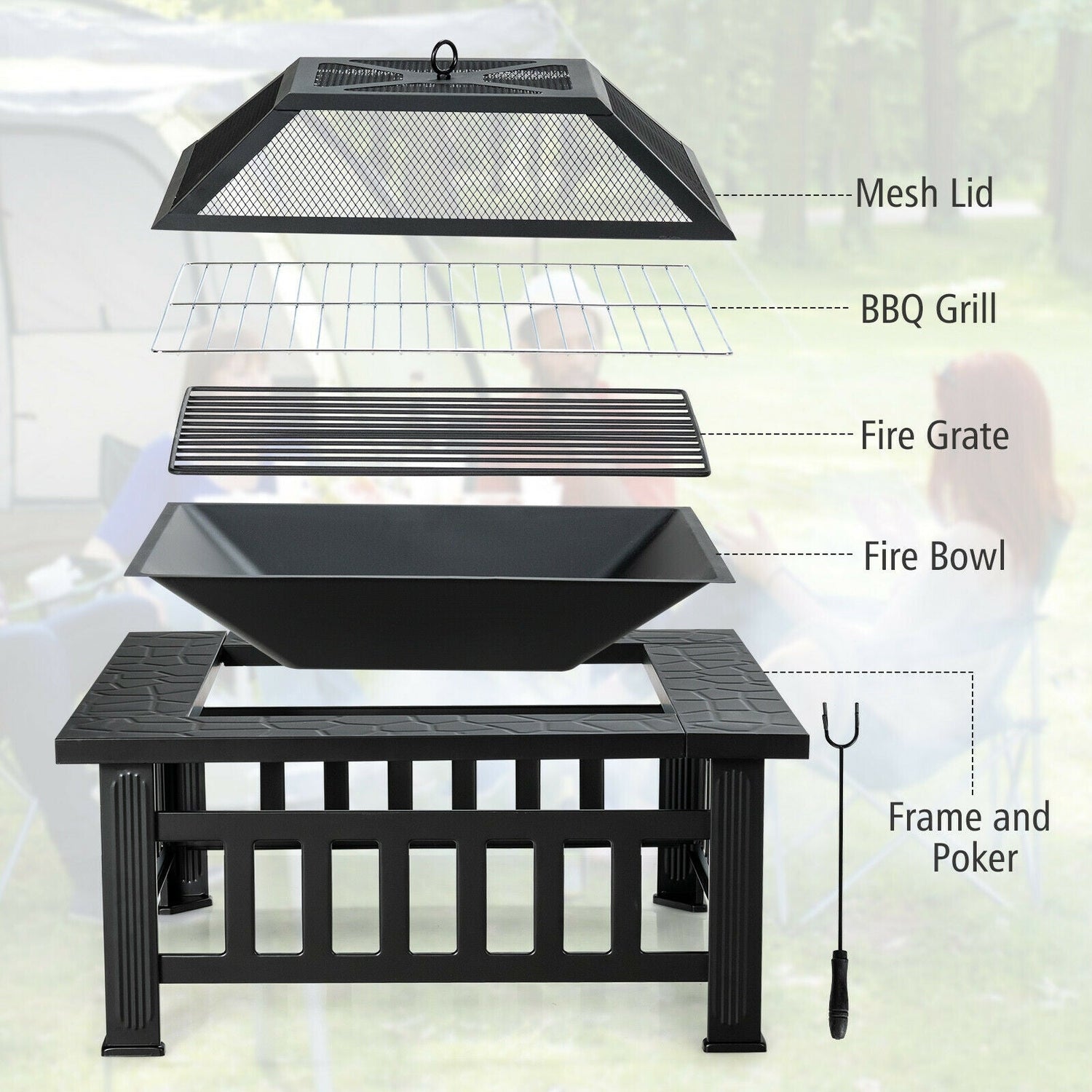 32 Inch Outdoor Square Fire Pit Table with BBQ Grill and Rain Cover