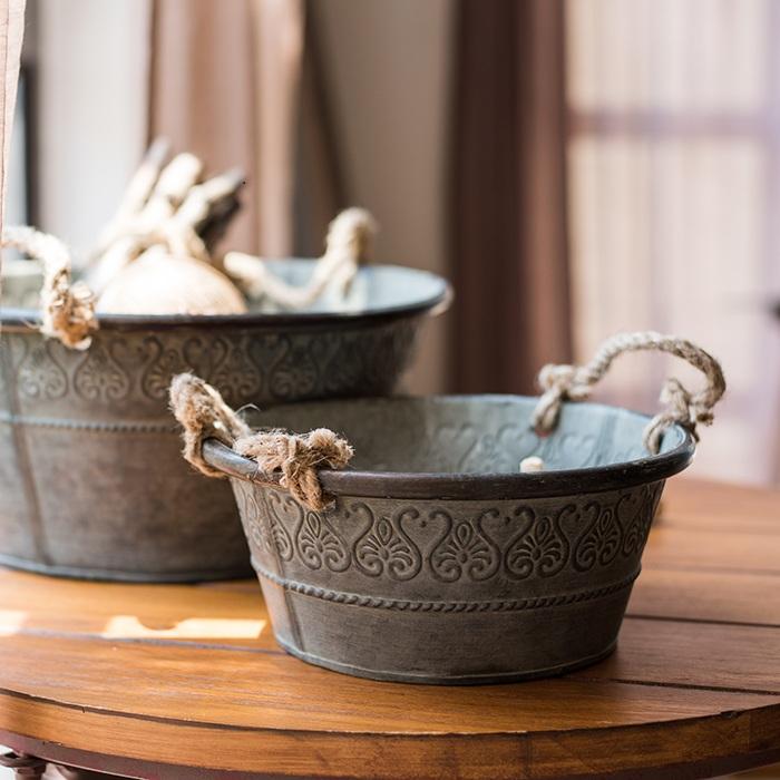 Antique Flower Pattern Tub with Rope Handles (Set of 3)