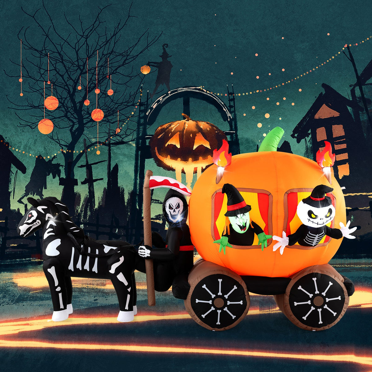 10.2 Ft Long Inflatable Halloween Carriage with Pumpkin and 2 Ghosts
