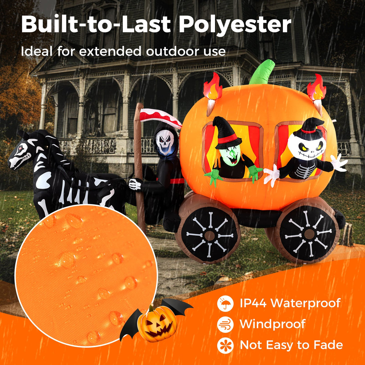 10.2 Ft Long Inflatable Halloween Carriage with Pumpkin and 2 Ghosts