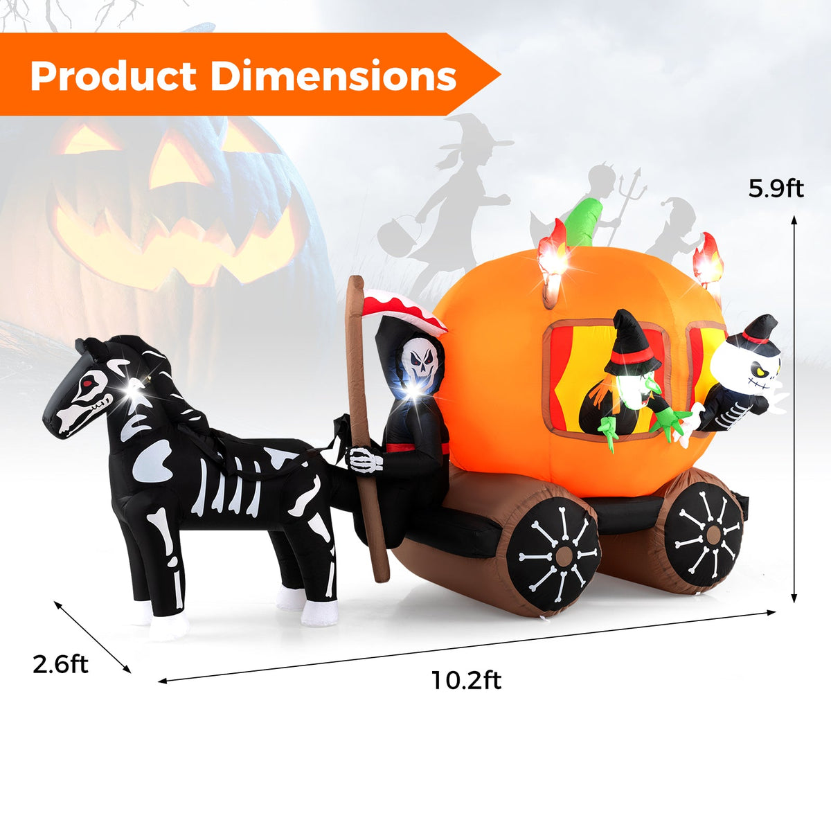 10.2 Ft Long Inflatable Halloween Carriage with Pumpkin and 2 Ghosts