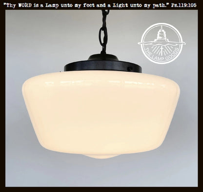 Large Antique Milk Glass Schoolhouse Pendant Light - 12"