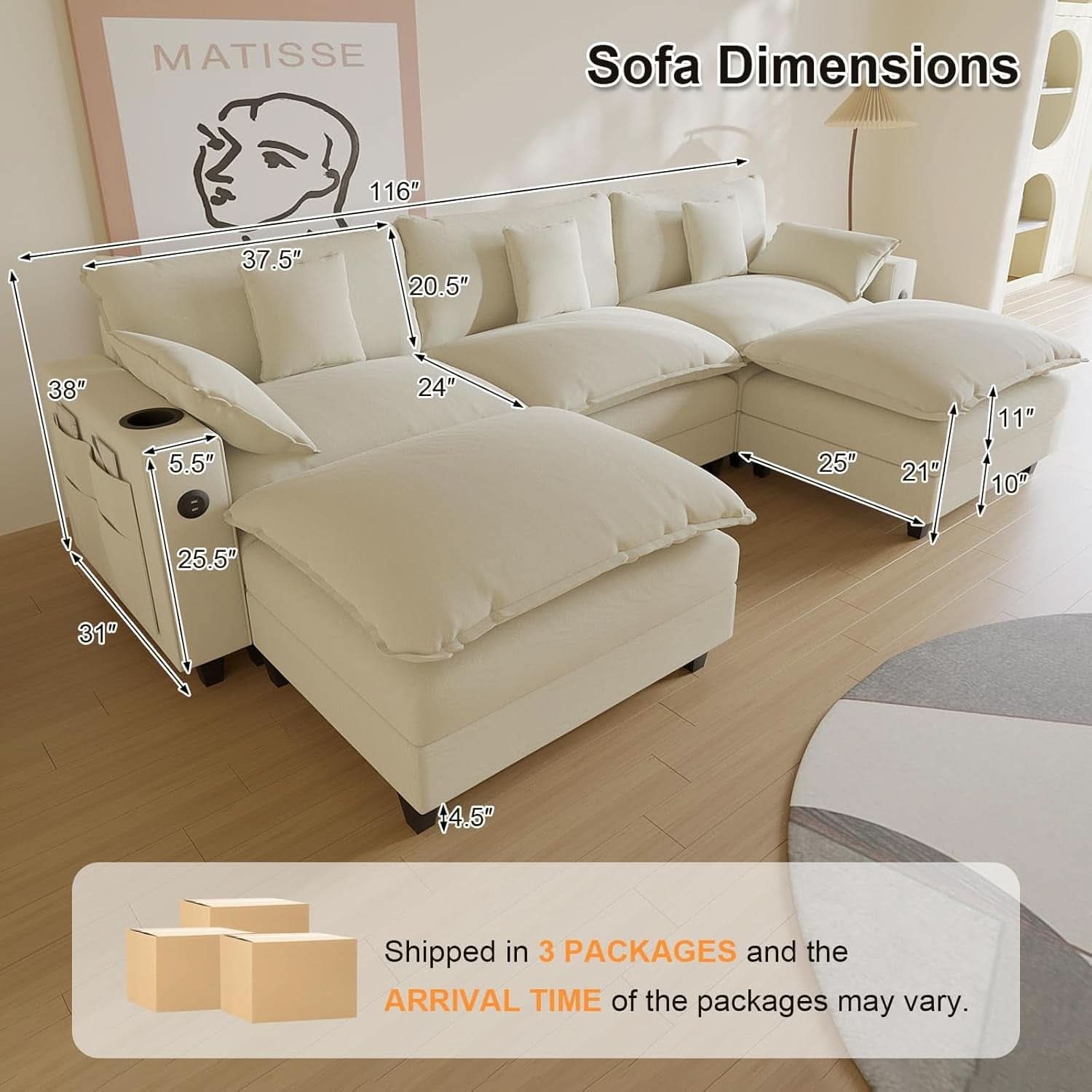 Modular Cloud Sectional Sofa with Ottoman(s) and Pillows in Beige