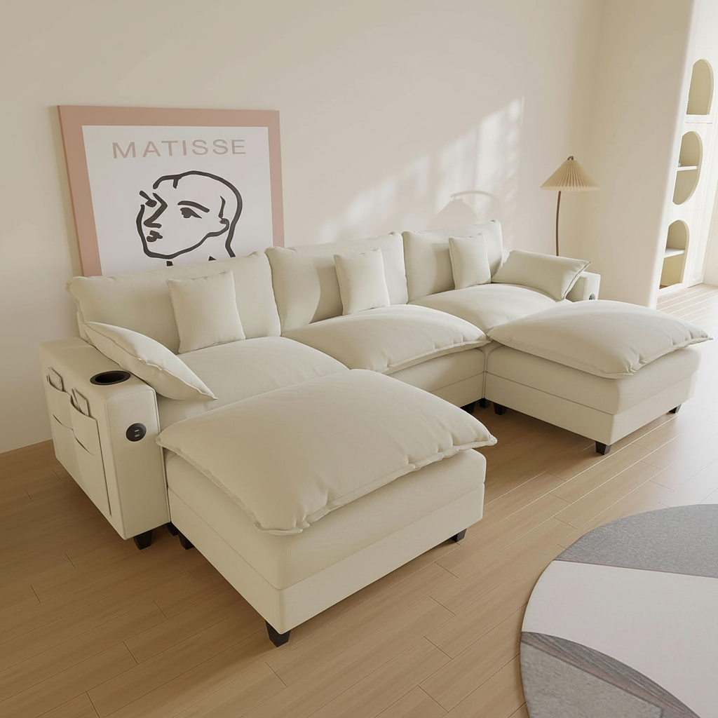 Modular Cloud Sectional Sofa with Ottoman(s) and Pillows in Beige