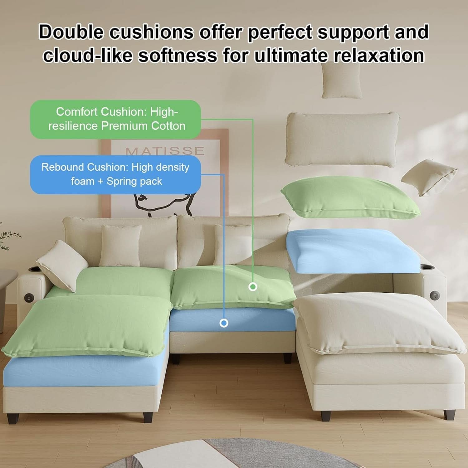 Modular Cloud Sectional Sofa with Ottoman(s) and Pillows in Beige