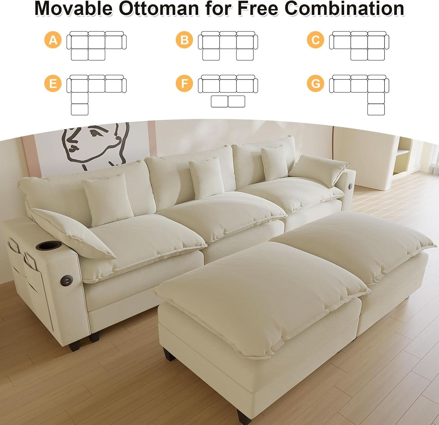 Modular Cloud Sectional Sofa with Ottoman(s) and Pillows in Beige