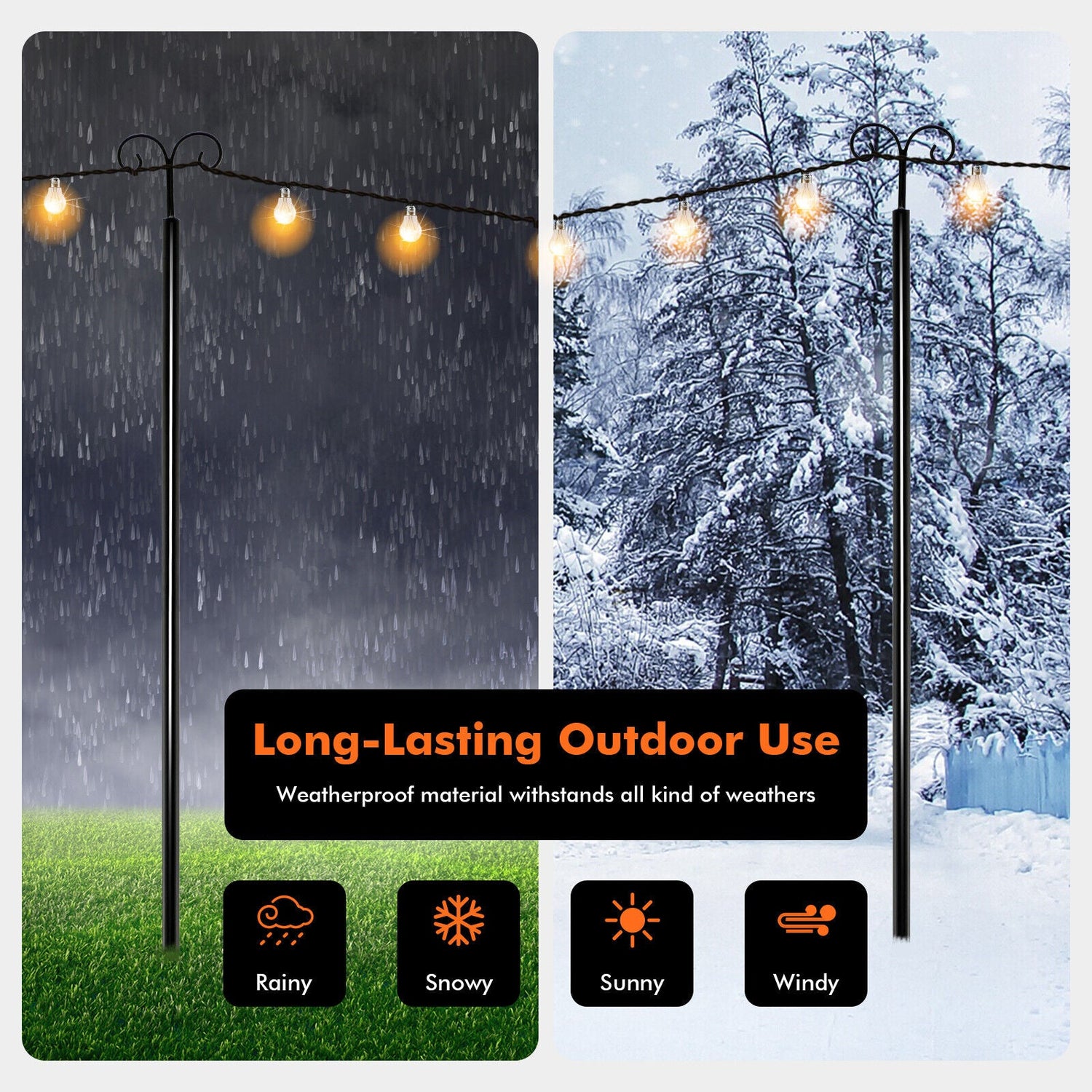 Outdoor String Light Metal Poles with Top Arc Hook and 5-Prong Base - Set of 2