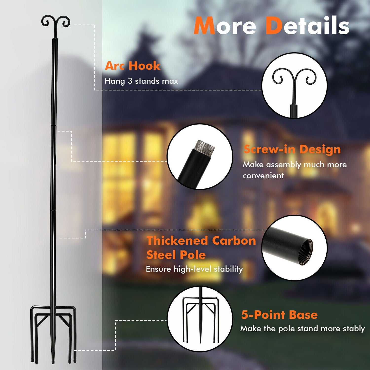 Outdoor String Light Metal Poles with Top Arc Hook and 5-Prong Base - Set of 2