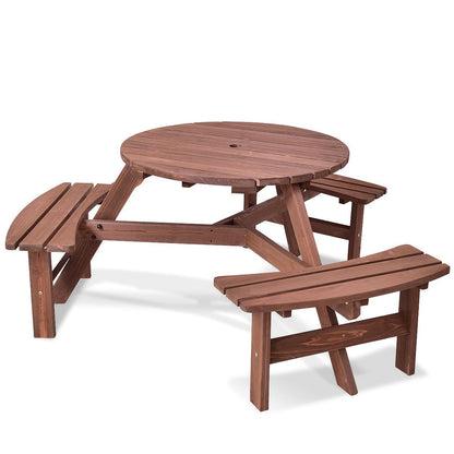 6 Person Wooden Round Picnic Table Set with Benches and Umbrella Hole