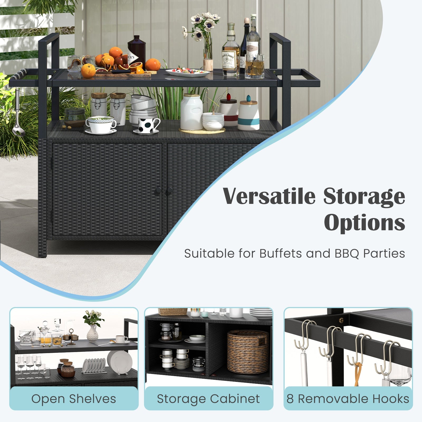 Outdoor Wicker Buffet Serving Cart with Cabinet and 8 Hooks - Black, Gray, or Brown