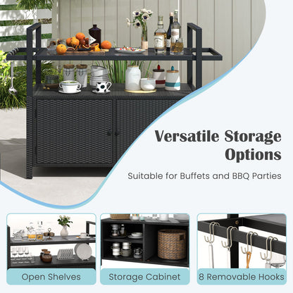 Outdoor Wicker Buffet Serving Cart with Cabinet and 8 Hooks - Black, Gray, or Brown