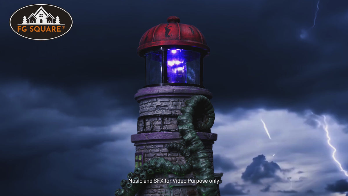 Kraken Theme Spooky Halloween Village Lighthouse w/ Animated Rotating Food Light and Music - 6" x 5.5" x 12"