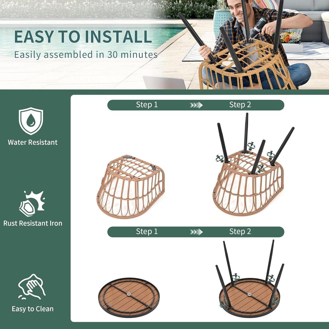 Patio Dining Set with Round Wood Table Top &amp; Wicker Rattan Chairs