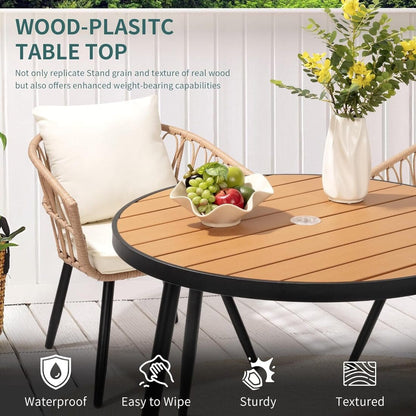 Patio Dining Set with Round Wood Table Top &amp; Wicker Rattan Chairs
