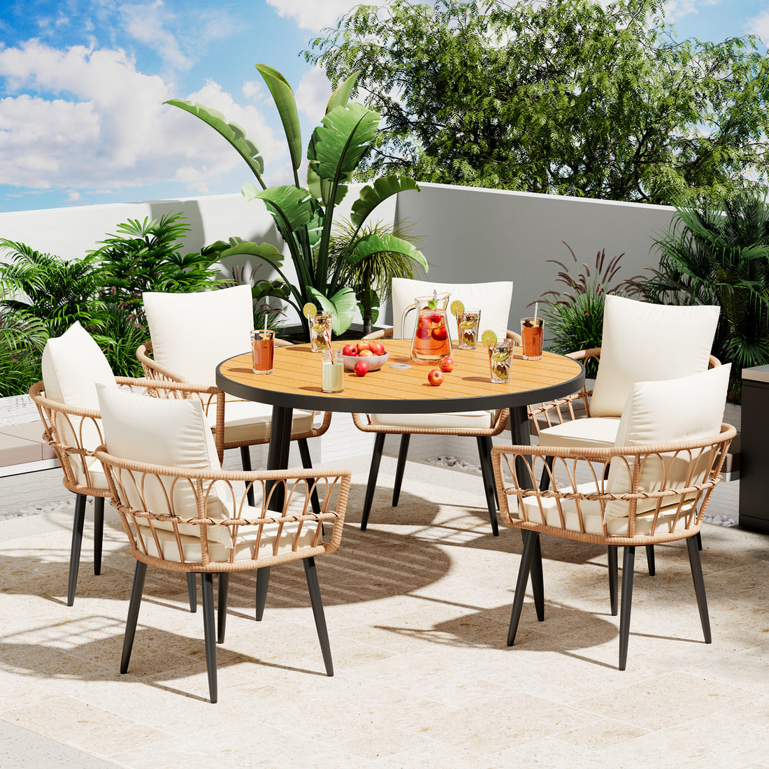 Patio Dining Set with Round Wood Table Top &amp; Wicker Rattan Chairs