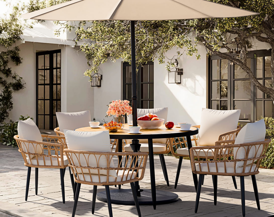 Patio Dining Set with Round Wood Table Top &amp; Wicker Rattan Chairs