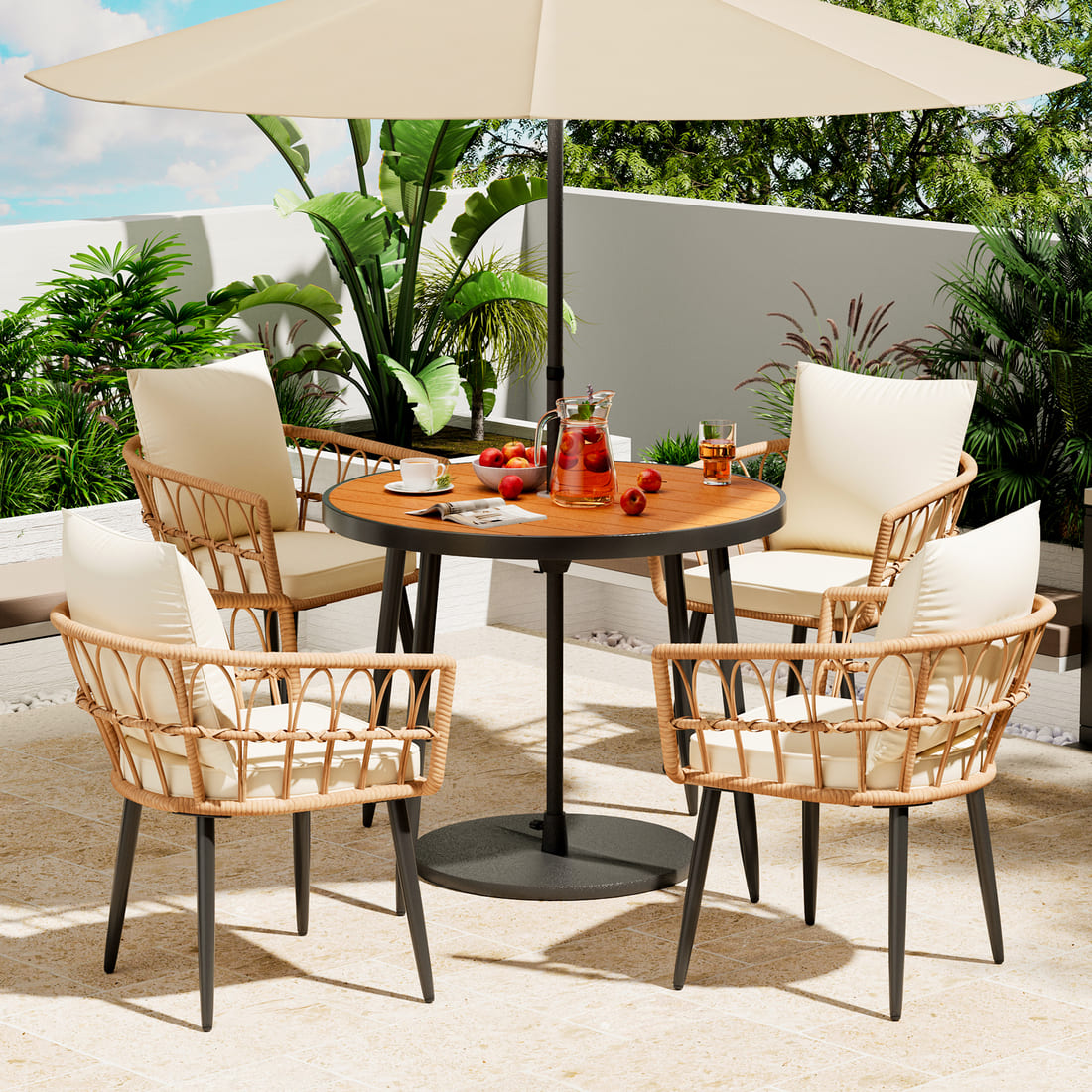 Patio Dining Set with Round Wood Table Top &amp; Wicker Rattan Chairs
