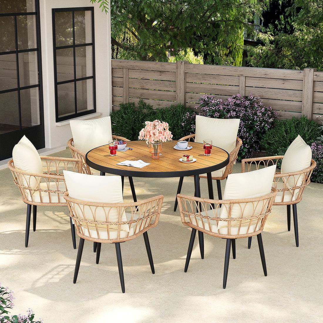 Patio Dining Set with Round Wood Table Top &amp; Wicker Rattan Chairs