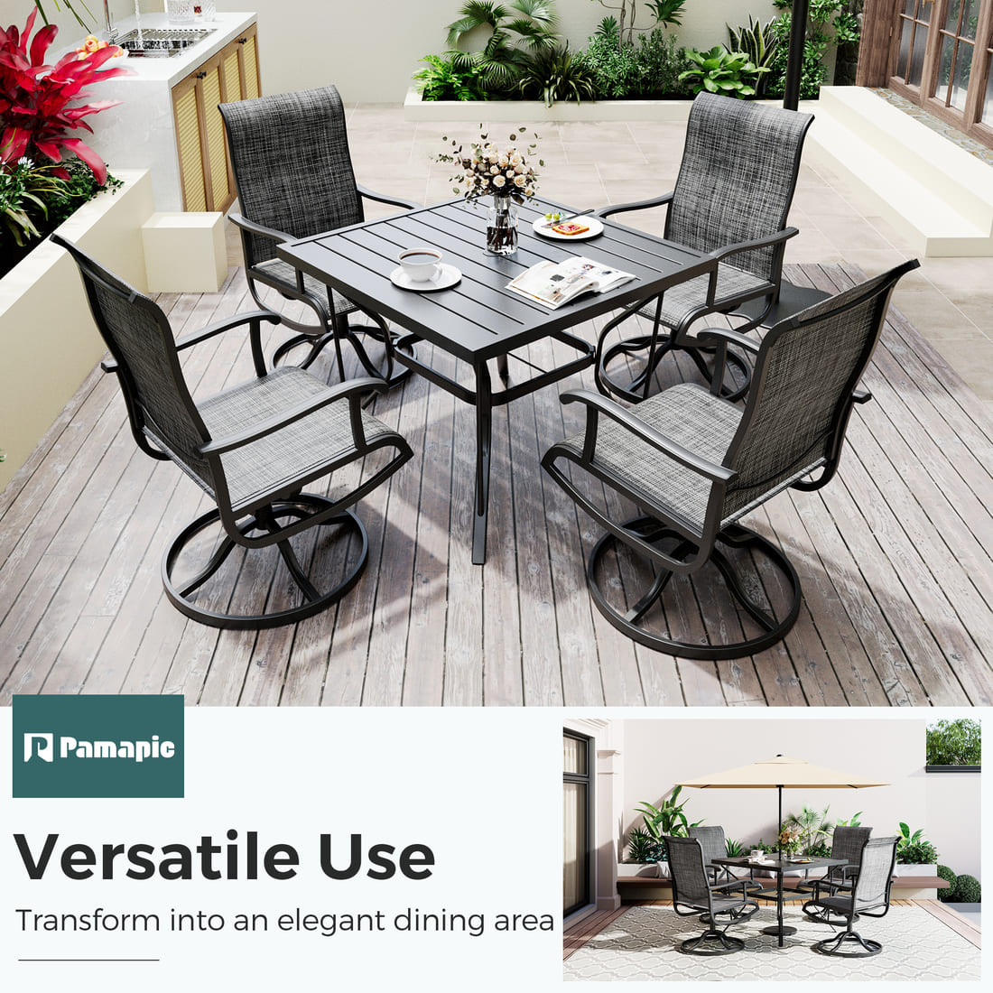 5-Piece Patio Dining Set with 4 Textilene Swivel Chairs
