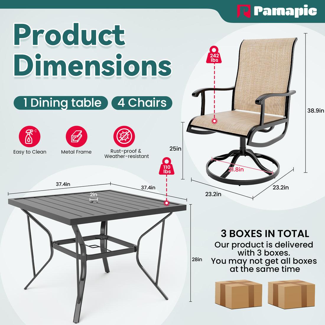 5-Piece Patio Dining Set with 4 Textilene Swivel Chairs