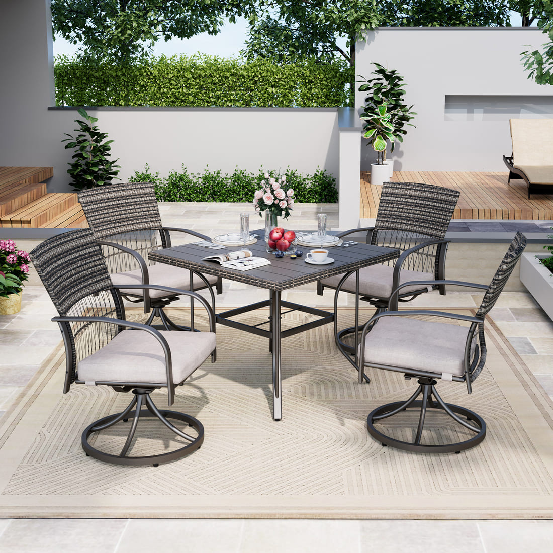 Outdoor Dining Table with 4 Swivel Chairs (5 Pieces)