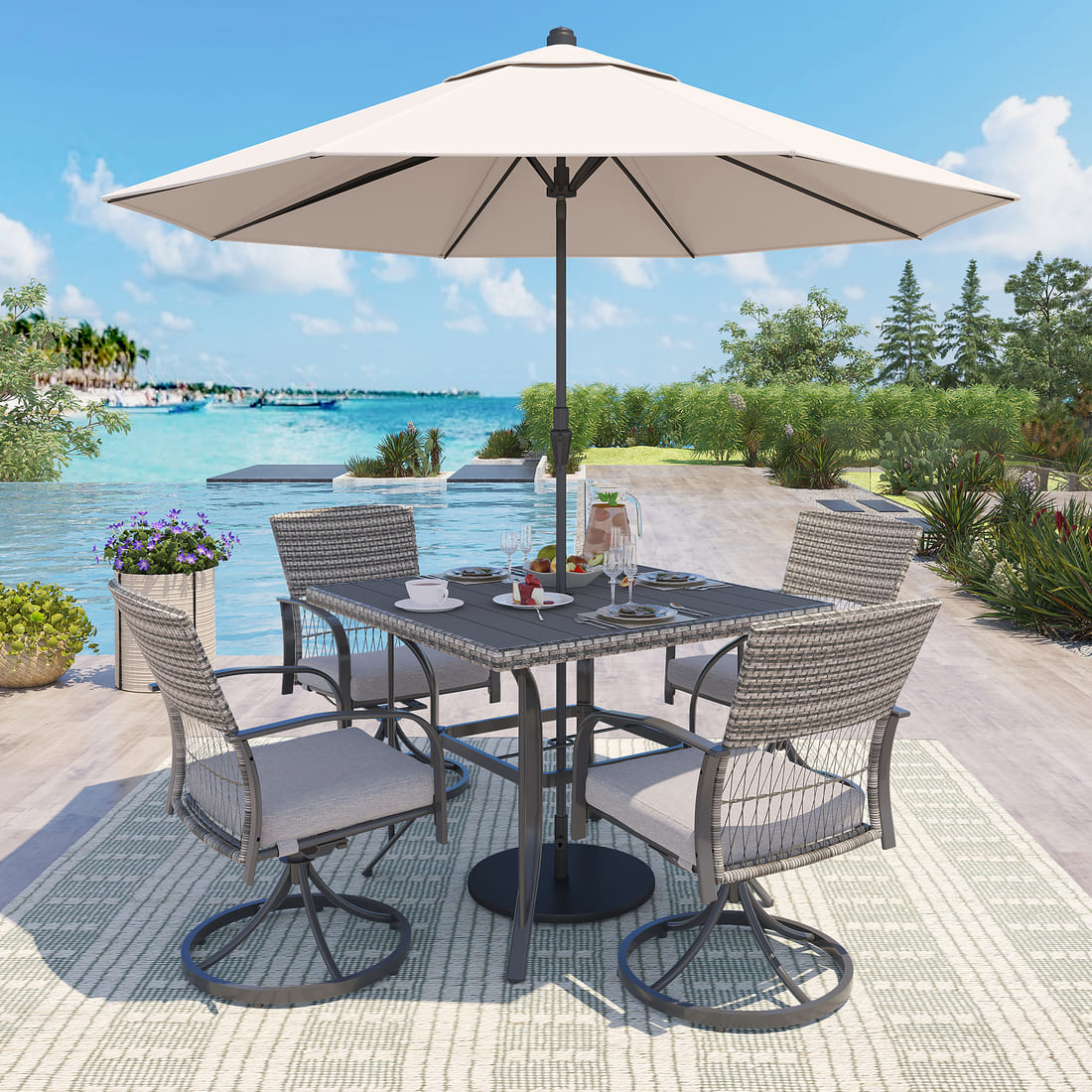 Outdoor Dining Table with 4 Swivel Chairs (5 Pieces)