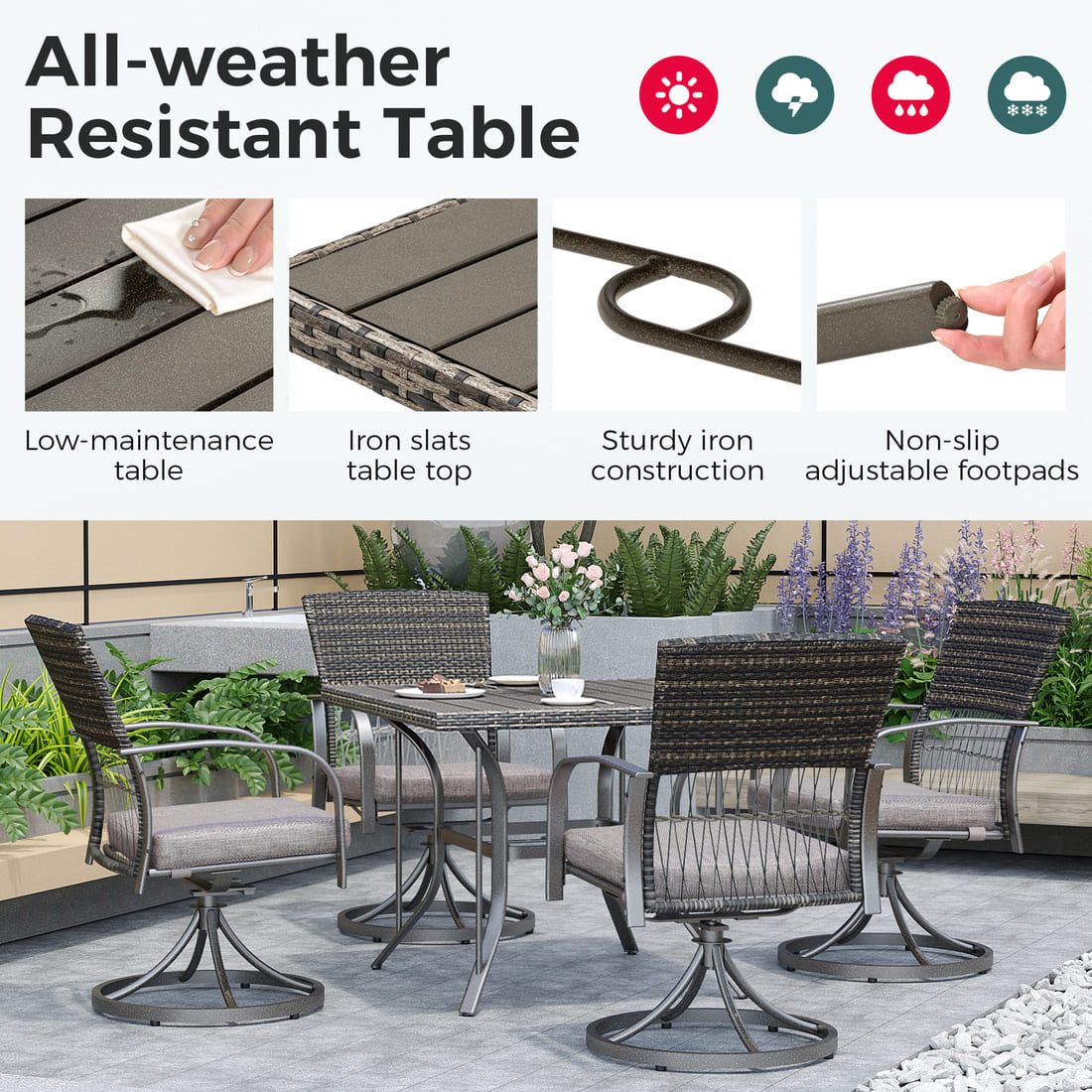 Outdoor Dining Table with 4 Swivel Chairs (5 Pieces)