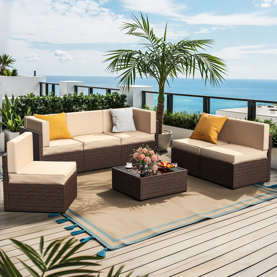 Rattan Outdoor Sectional Couch Set  (7 Pieces) - 5 Colors