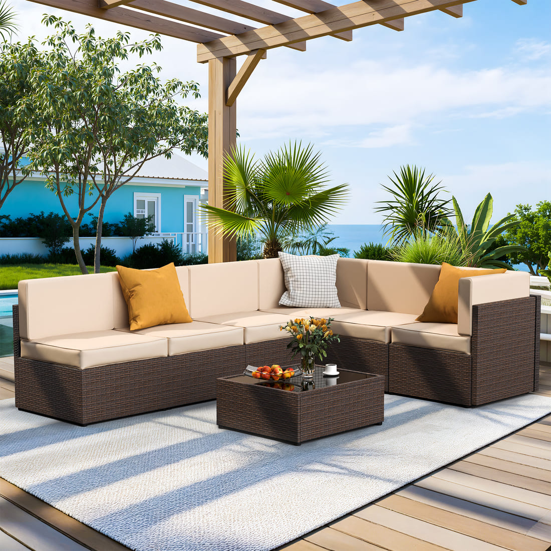 Rattan Outdoor Sectional Couch Set  (7 Pieces) - 5 Colors