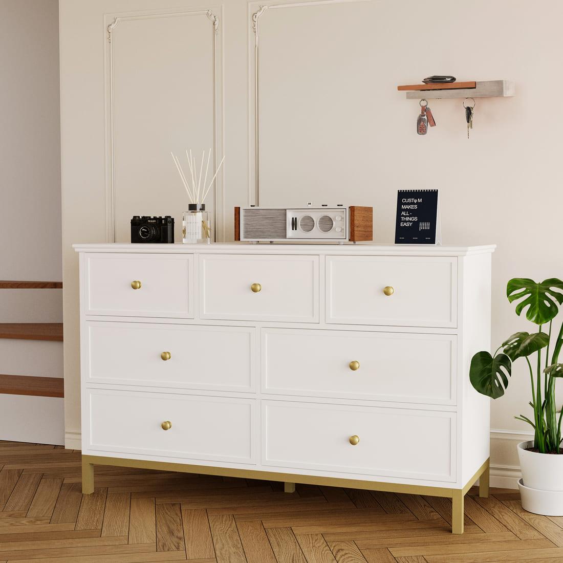 7-Drawer Dresser, White with Gold Accents